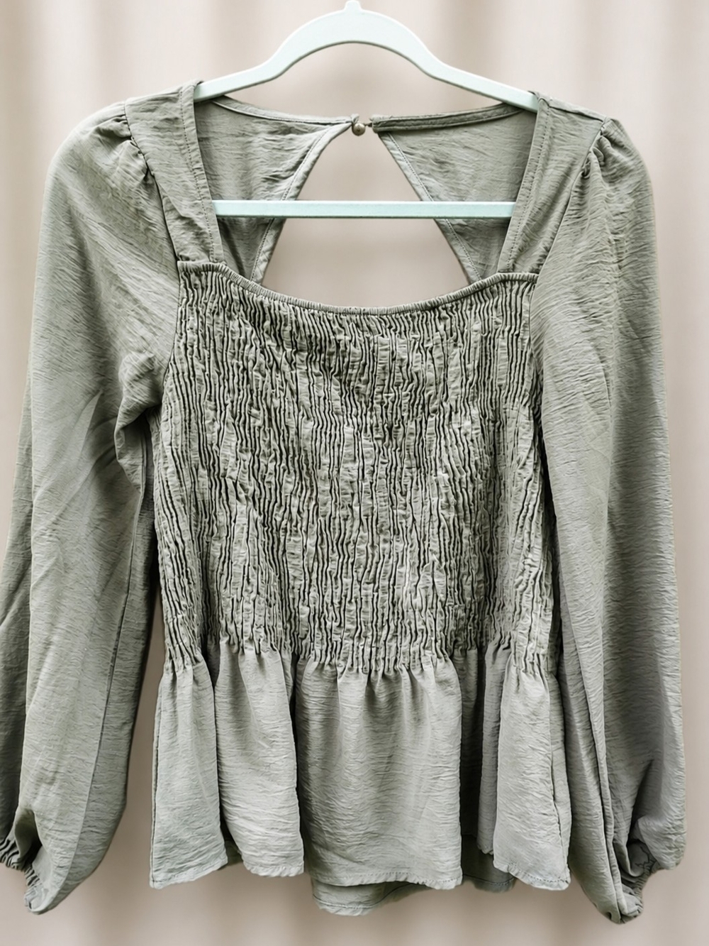 Misia Sage Green Smocked Peplum Top Medium Long Sleeve Cottagecore Boho Peasant - Picture 2 of 7